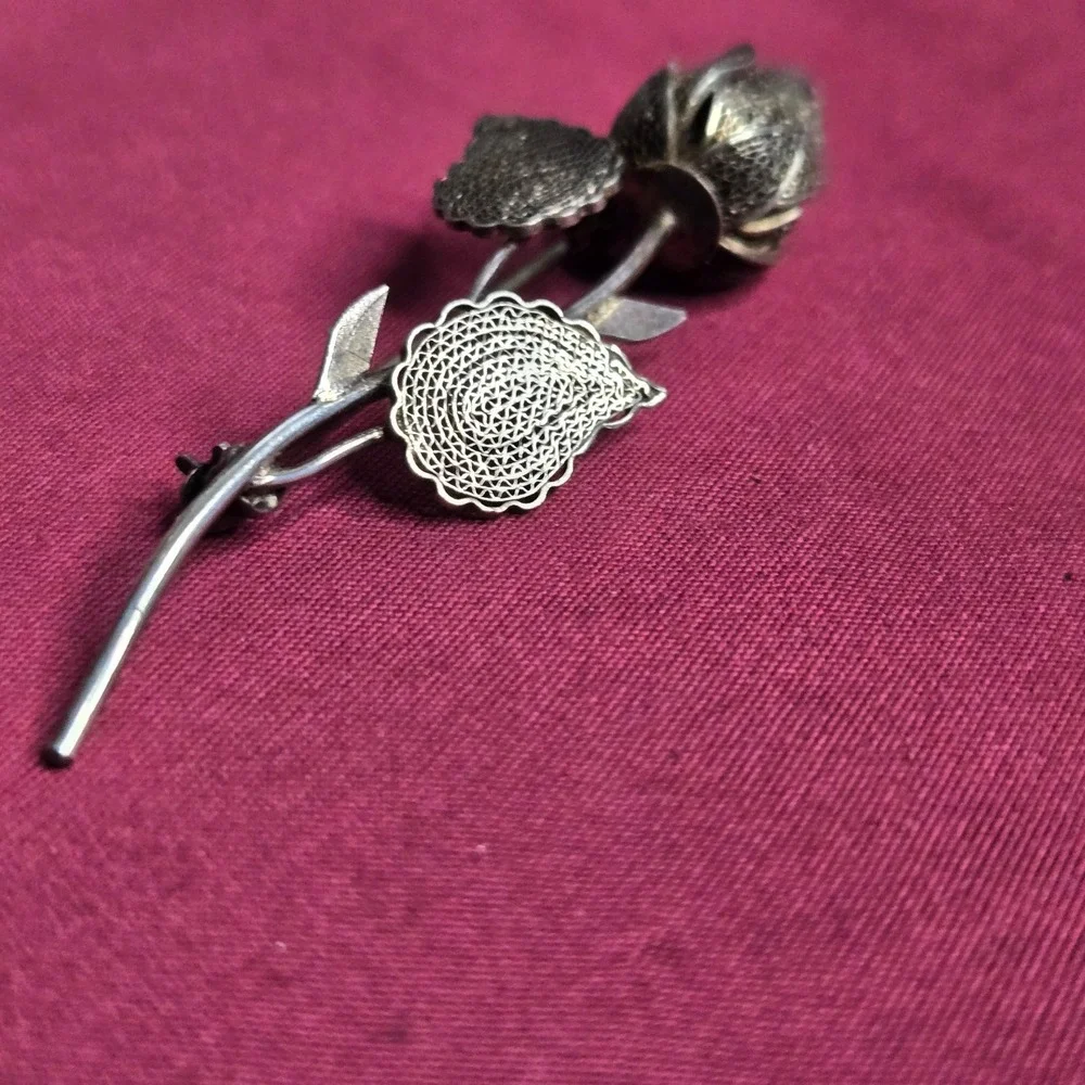 Vintage FAS 925 Sterling Silver Filigree Rose Brooch Pin 2.5